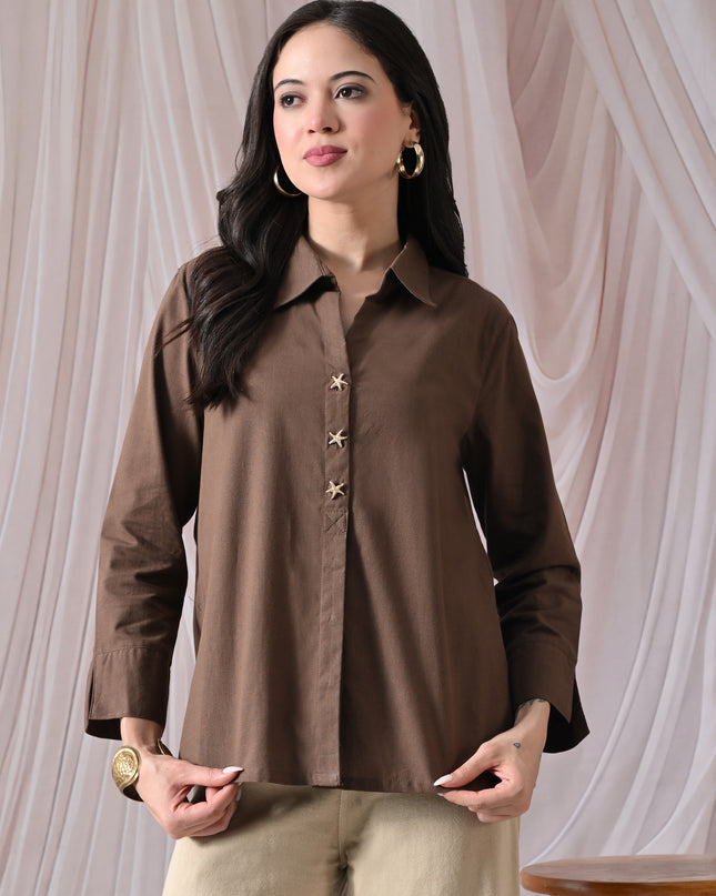 Brown Pure Cotton Relaxed-Fit Shirt