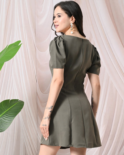 Olive Puff Sleeve Crepe A-Line Mini Dress