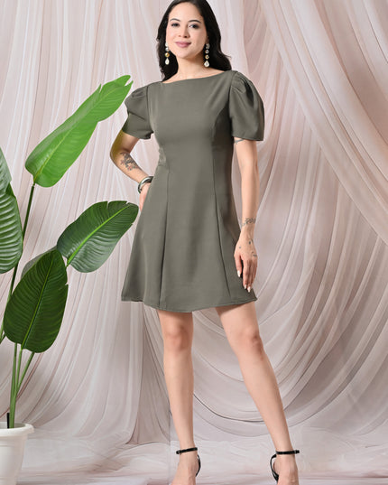 Olive Puff Sleeve Crepe A-Line Mini Dress