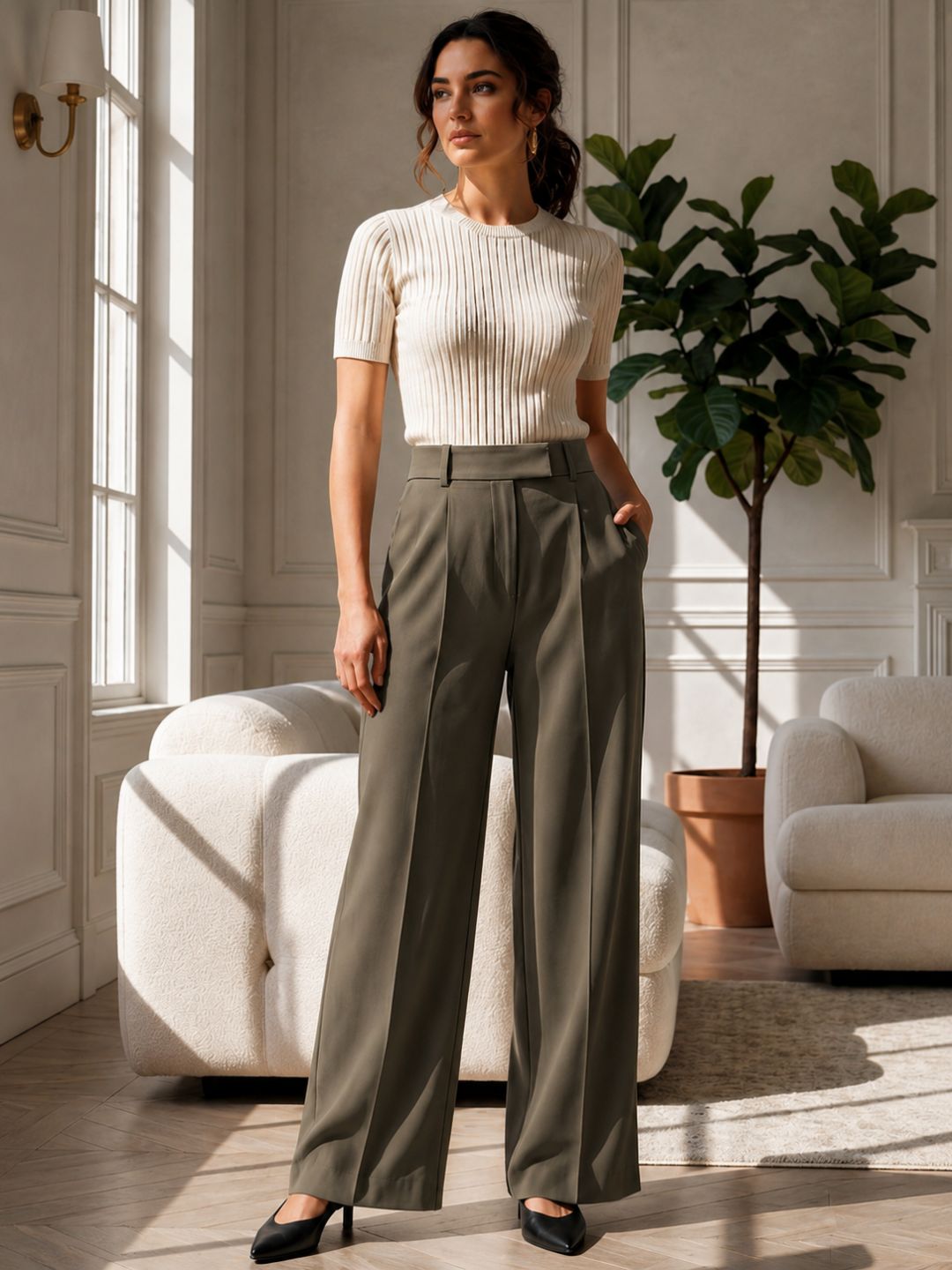 Olive High-Waist Tailored Trouser