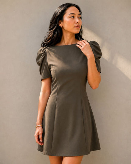 Olive Puff Sleeve Crepe A-Line Mini Dress