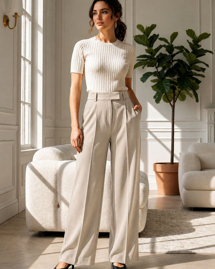 Beige High-Waist Tailored Trouser