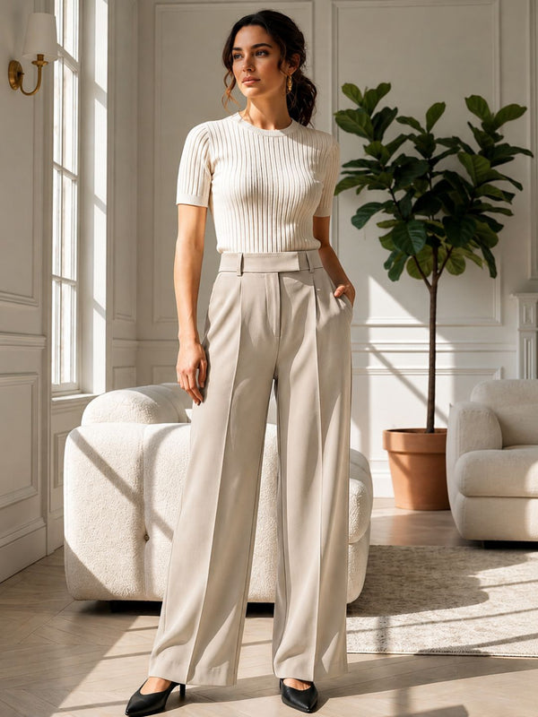 Beige High-Waist Tailored Trouser