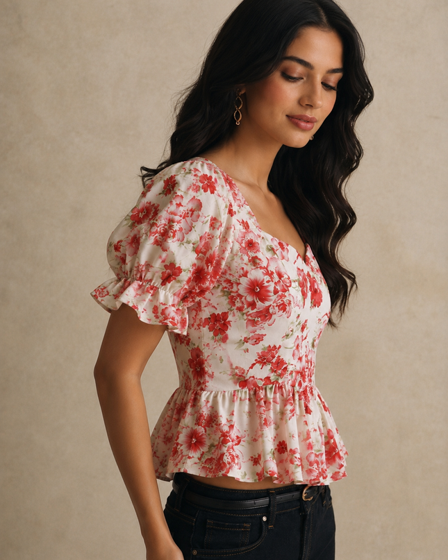 Printed Peplum Top – Floral V-Neck Peplum Top for Women