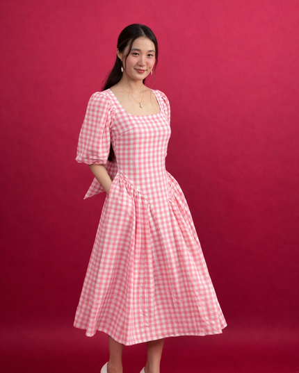Pink Gingham Maxi Dress – Elegant Check Dress for Everyday & Semi-Formal Wear