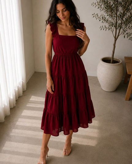 Maroon Maxi Dress – Elegant Ruffle Sleeve Maxi Dress