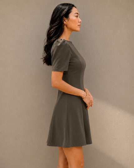 Olive Puff Sleeve Crepe A-Line Mini Dress