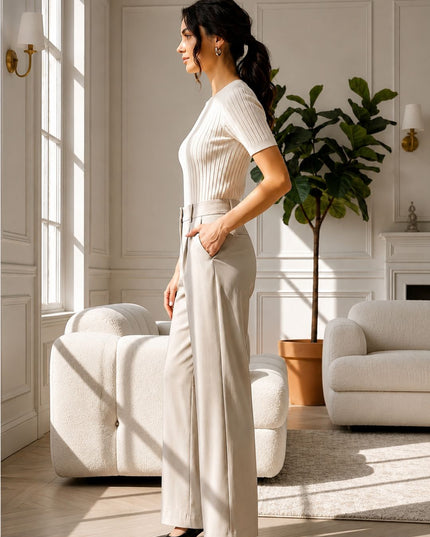 Beige High-Waist Tailored Trouser