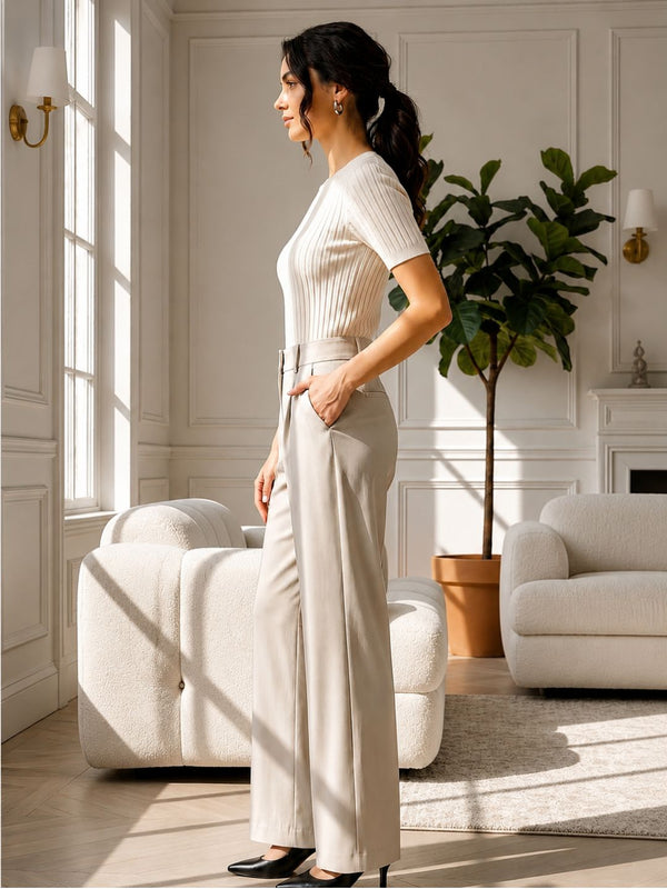 Beige High-Waist Tailored Trouser