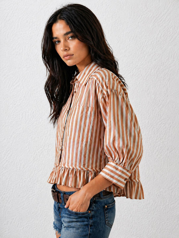 Brown Ruffled Stripe Shirt