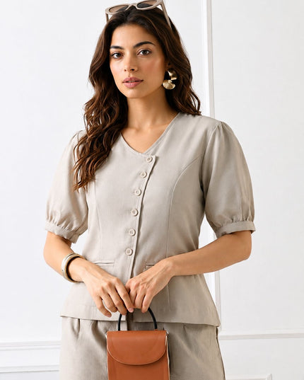 Women Solid V-Neck Puff Sleeve Tailored Top