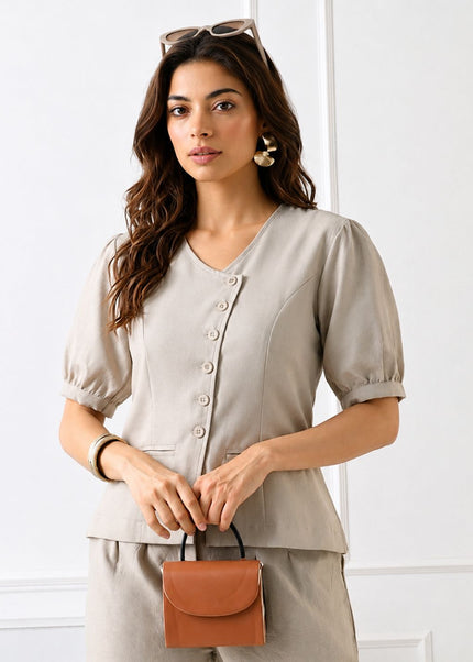 Women Solid V-Neck Puff Sleeve Tailored Top