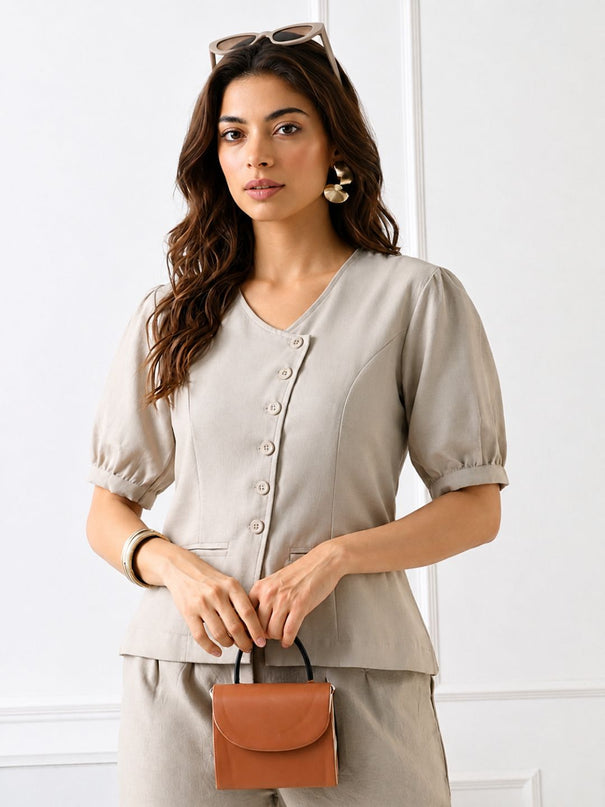 Women Solid V-Neck Puff Sleeve Tailored Top