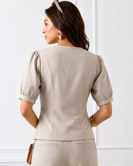 Women Solid V-Neck Puff Sleeve Tailored Top