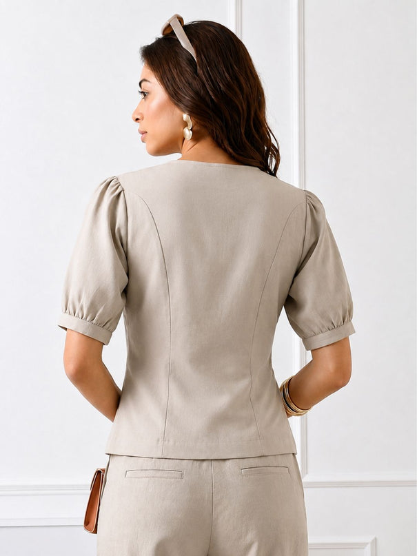 Women Solid V-Neck Puff Sleeve Tailored Top