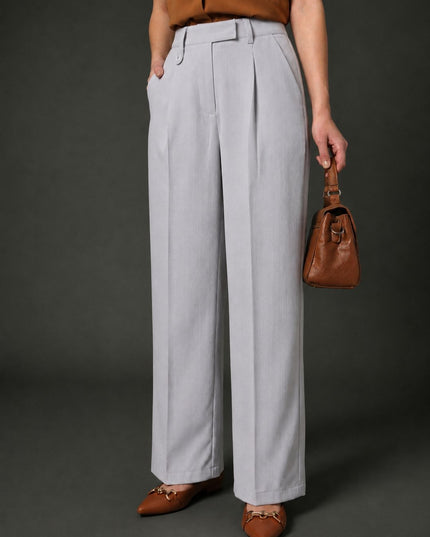 Women’s Grey High-Waist Pleated Wide-Leg Trousers