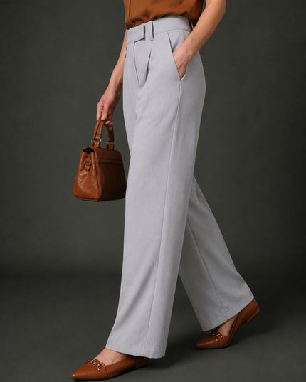 Women’s Grey High-Waist Pleated Wide-Leg Trousers
