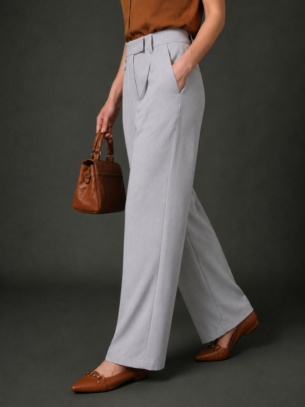 Women’s Grey High-Waist Pleated Wide-Leg Trousers