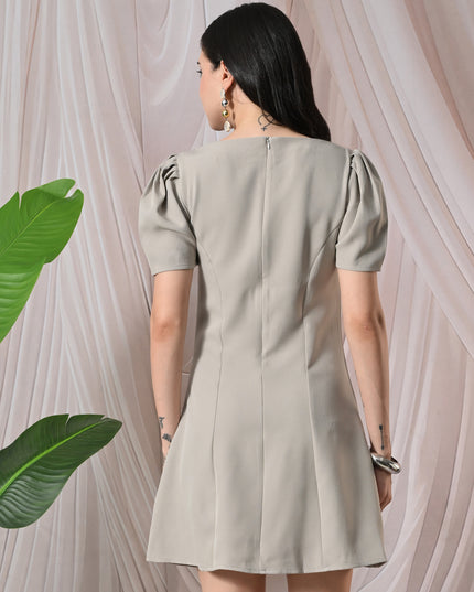 Beige Puff Sleeve Crepe A-Line Mini Dress