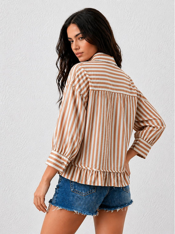 Brown Ruffled Stripe Shirt