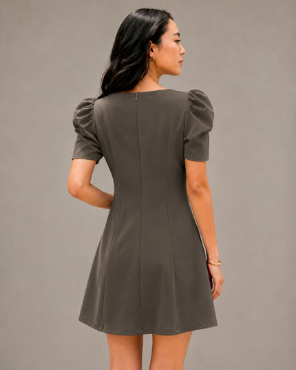 Olive Puff Sleeve Crepe A-Line Mini Dress