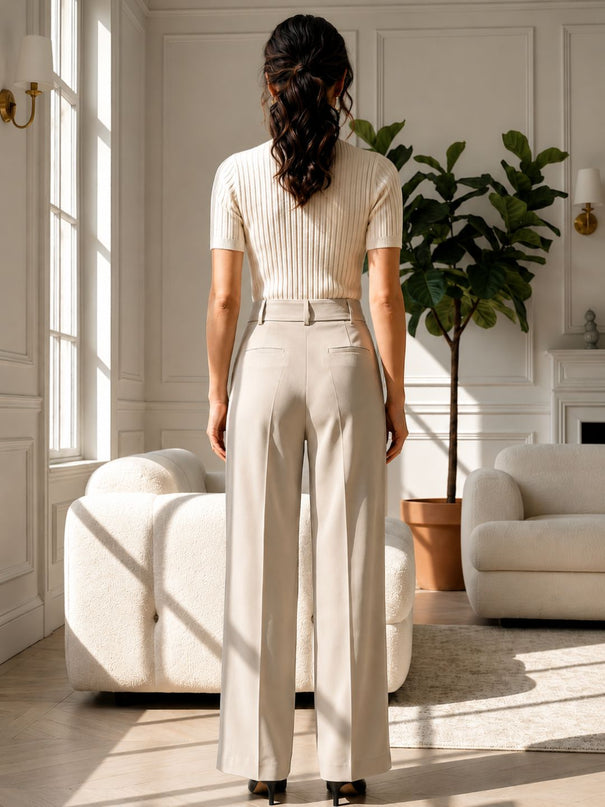 Beige High-Waist Tailored Trouser
