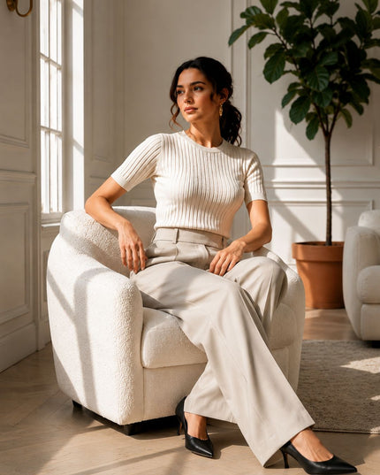 Beige High-Waist Tailored Trouser