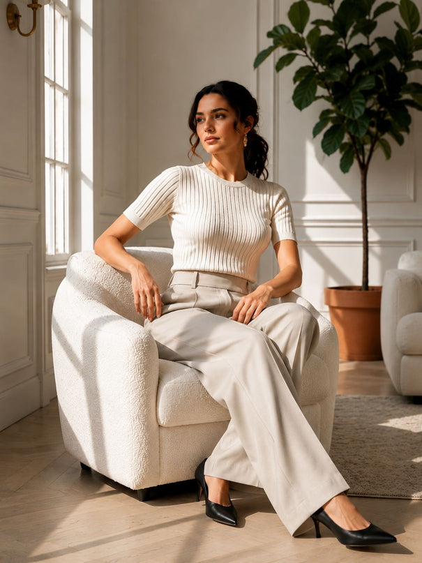 Beige High-Waist Tailored Trouser