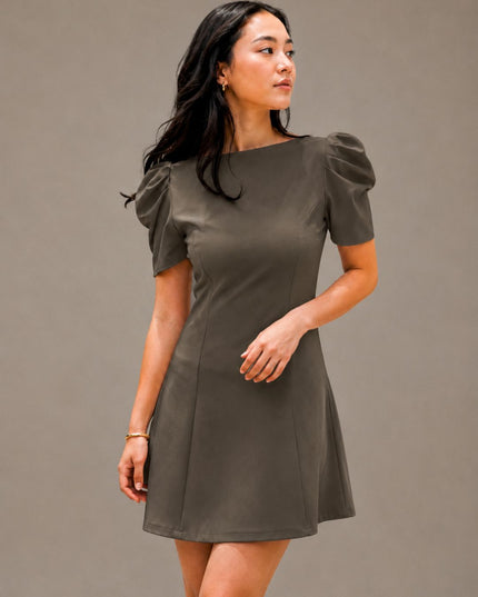 Olive Puff Sleeve Crepe A-Line Mini Dress