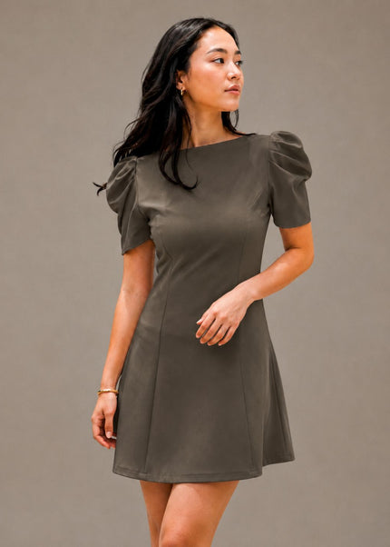 Olive Puff Sleeve Crepe A-Line Mini Dress