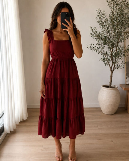 Maroon Maxi Dress – Elegant Ruffle Sleeve Maxi Dress