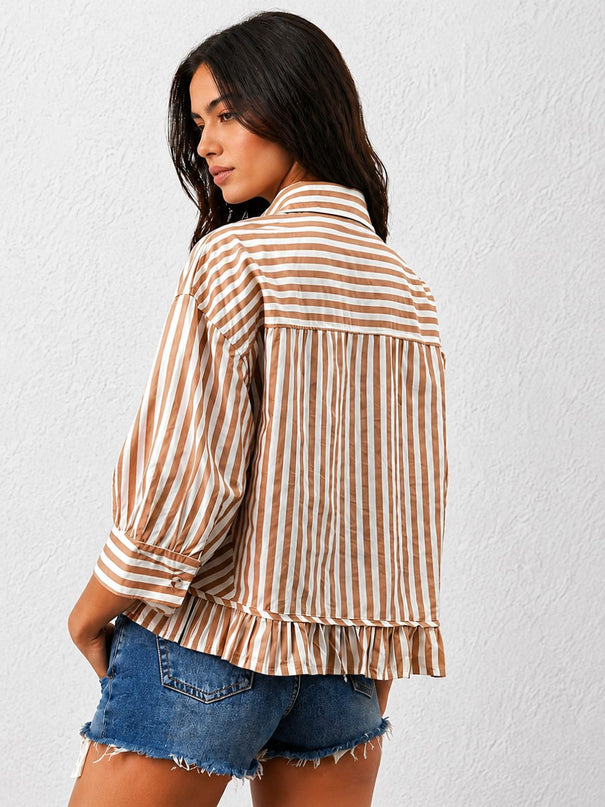 Brown Ruffled Stripe Shirt