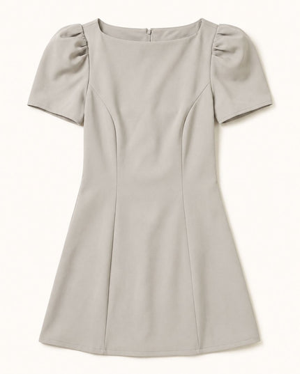 Beige Puff Sleeve Crepe A-Line Mini Dress