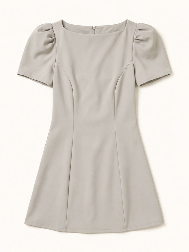 Beige Puff Sleeve Crepe A-Line Mini Dress
