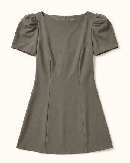 Olive Puff Sleeve Crepe A-Line Mini Dress