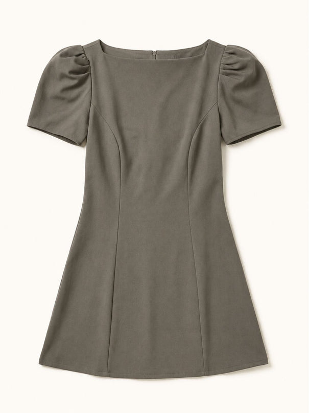 Olive Puff Sleeve Crepe A-Line Mini Dress