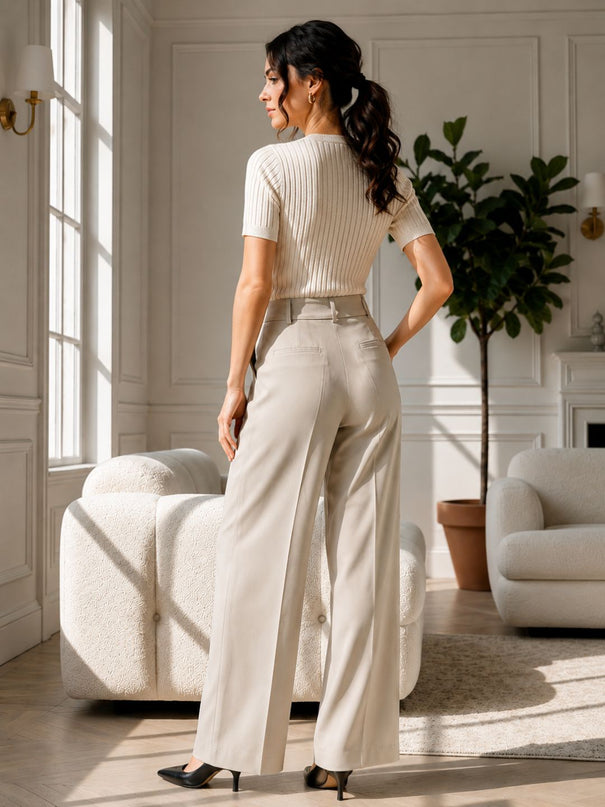Beige High-Waist Tailored Trouser