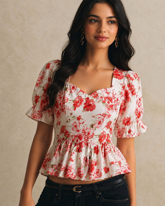 Printed Peplum Top – Floral V-Neck Peplum Top for Women