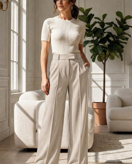 Beige High-Waist Tailored Trouser