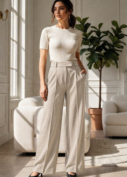 Beige High-Waist Tailored Trouser