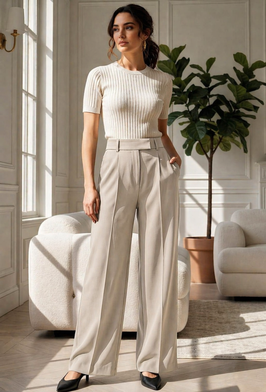 Beige High-Waist Tailored Trouser