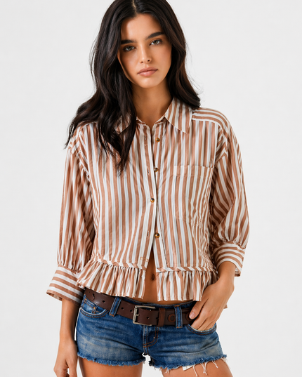 Brown Ruffled Stripe Shirt