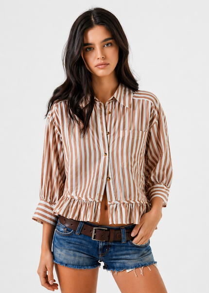 Brown Ruffled Stripe Shirt