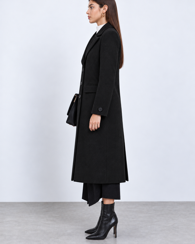 Black Single-Breasted Longline Overcoat