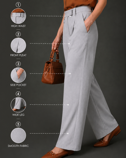 Women’s Grey High-Waist Pleated Wide-Leg Trousers