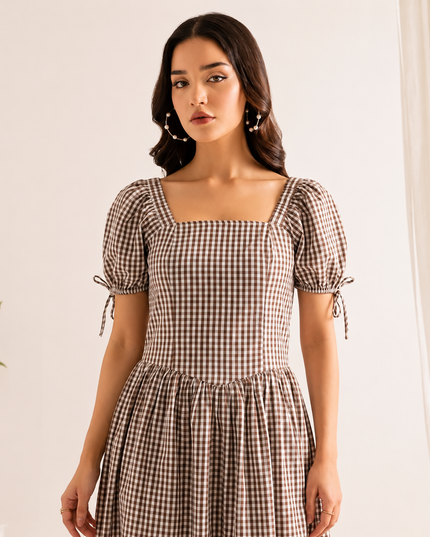 Brown & White Checkered Maxi Dress