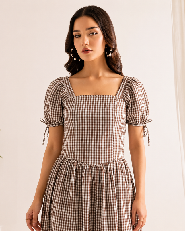 Brown & White Checkered Maxi Dress