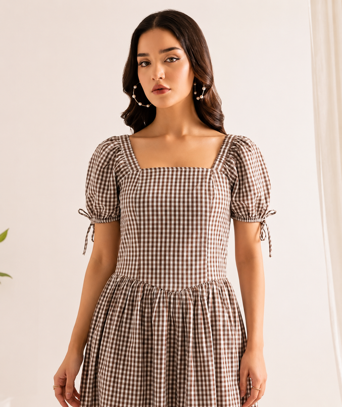 Brown & White Checkered Maxi Dress