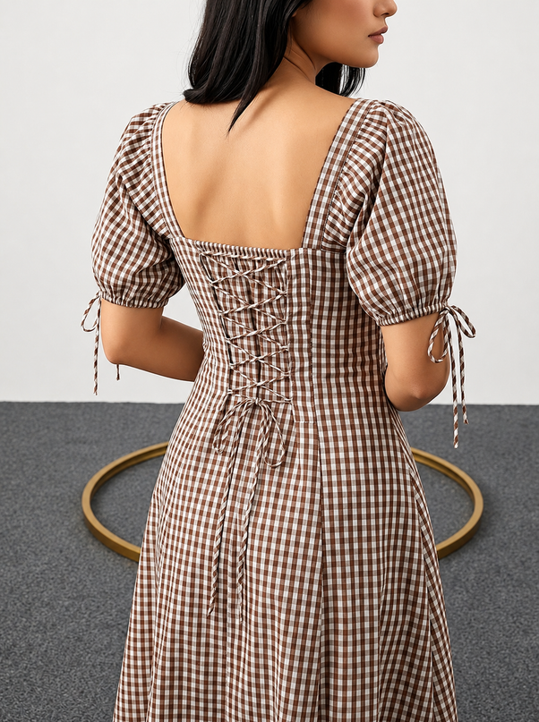 Brown & White Checkered Maxi Dress