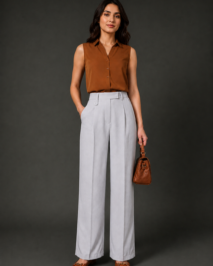 Women’s Grey High-Waist Pleated Wide-Leg Trousers
